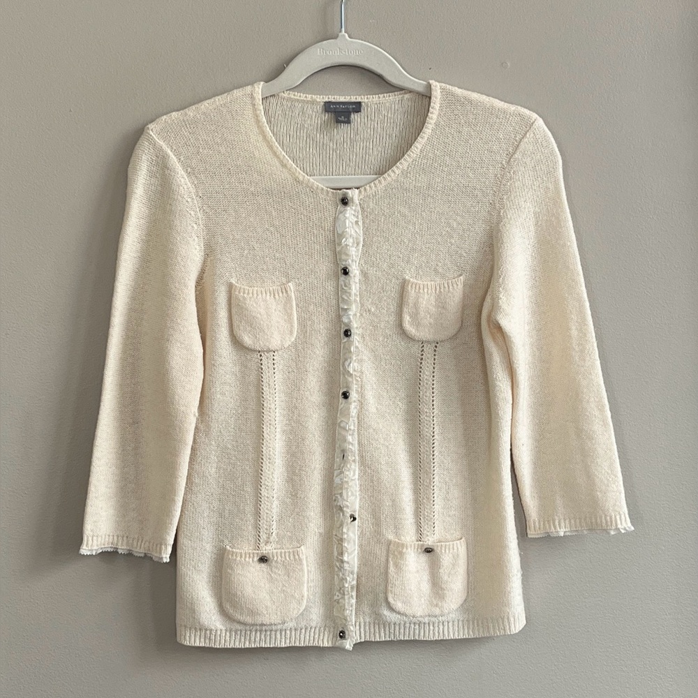 Ann Taylor cream 3/4 sleeve velour trim wool blend cardigan sweater size medium